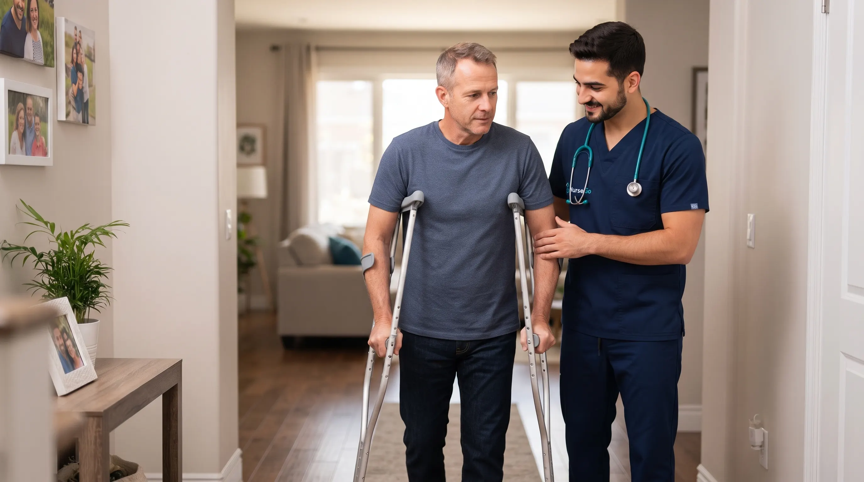 Infirmier NurseGo accompagnant un patient qui marche avec des béquilles