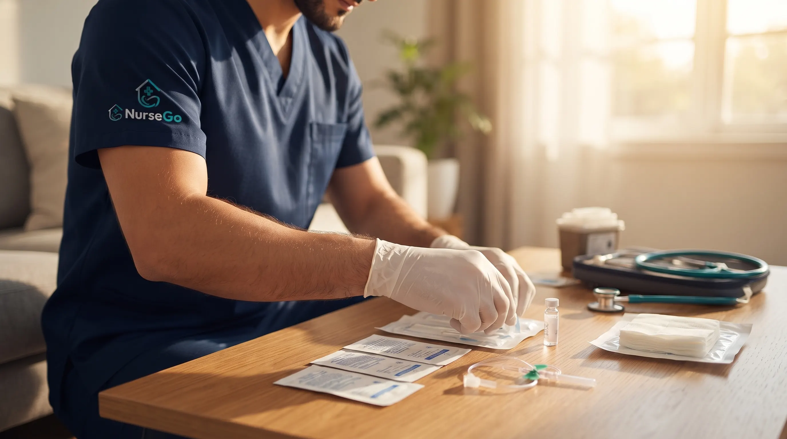 Infirmier NurseGo préparant du matériel médical stérile à domicile